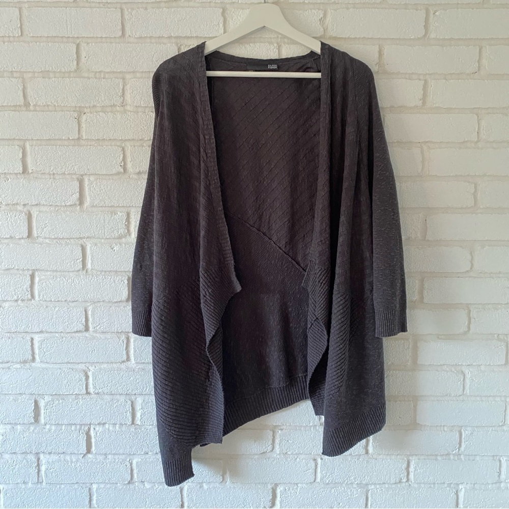 Eileen Fisher Gray Slub Linen Blend Asymmetrical Cardigan Sweater Large